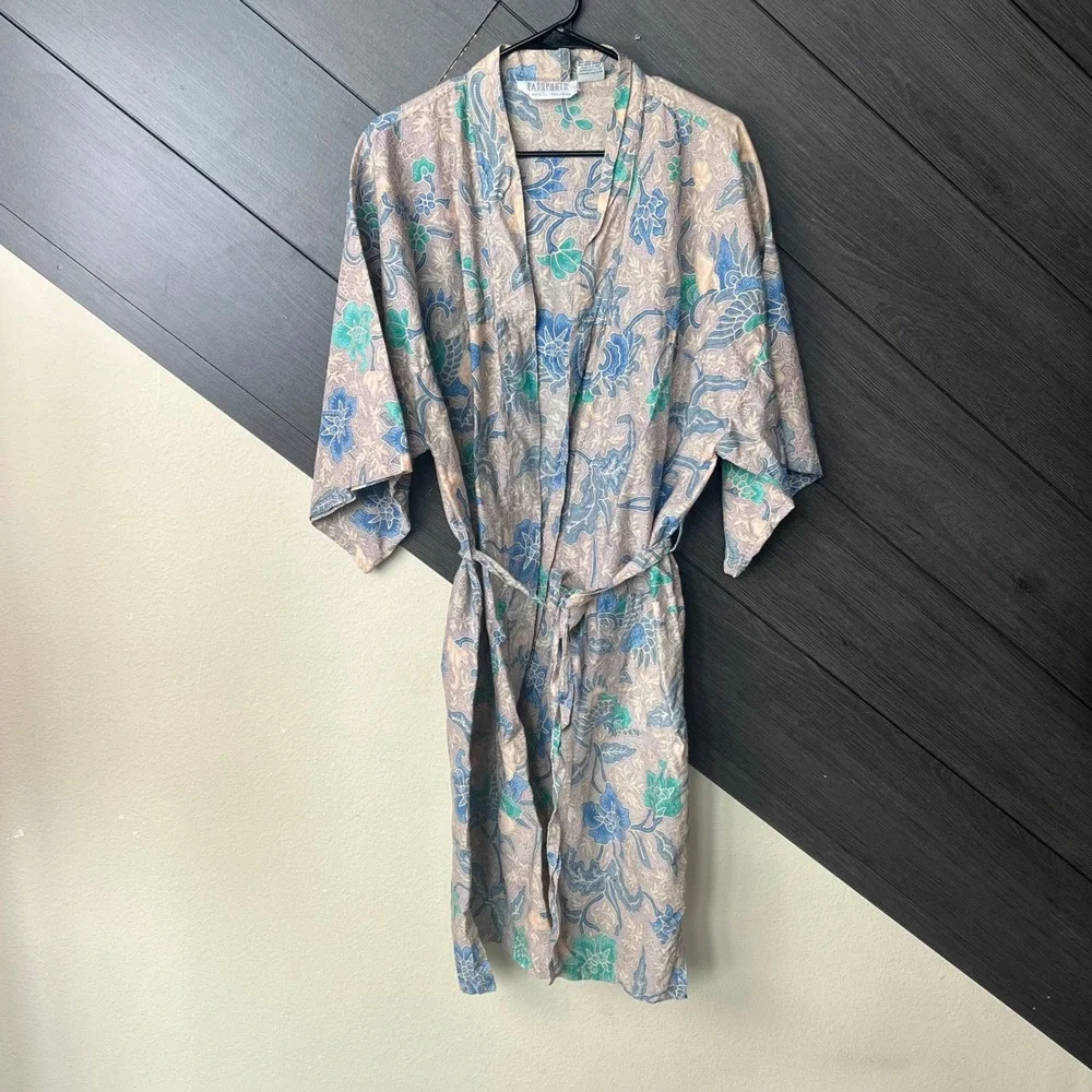 Pier 1 Passport Women's Floral Kimono Robe Duster One Size Beige Blue VTG‎